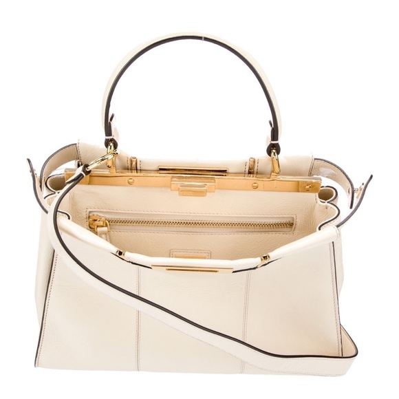 FENDI Agnello Old Shine Medium Peekaboo Iconic Satchel Camelia Cream Gold H/W - Picture 7 of 11